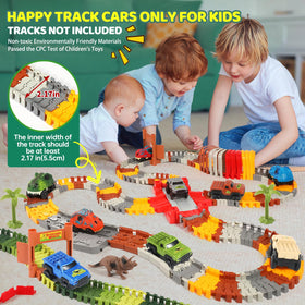 Save Unicorn track cars in action on neon and dinosaur tracks.