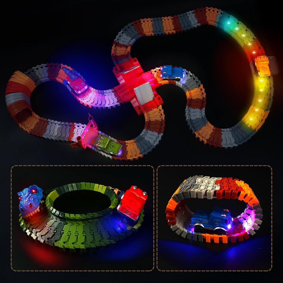 Save Unicorn dino track cars with three LED lights for nighttime glow-action