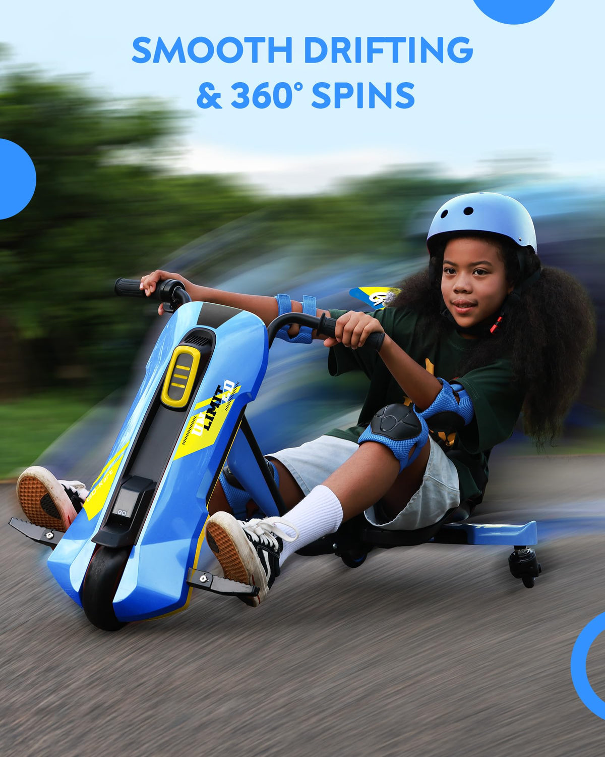SaveJoy go kart spins 360° with adjustable speed up to 6 mph.