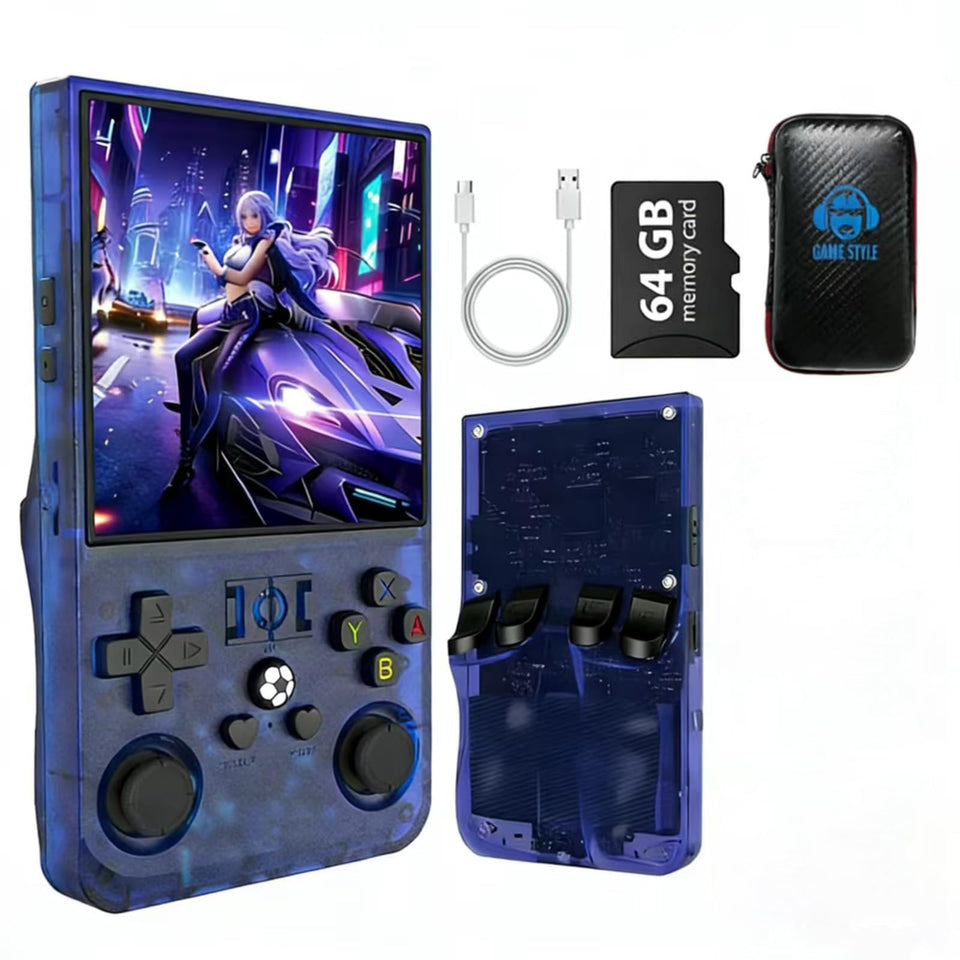 Sawdtones R36MAX blue handheld console for travel and retro gaming on the go