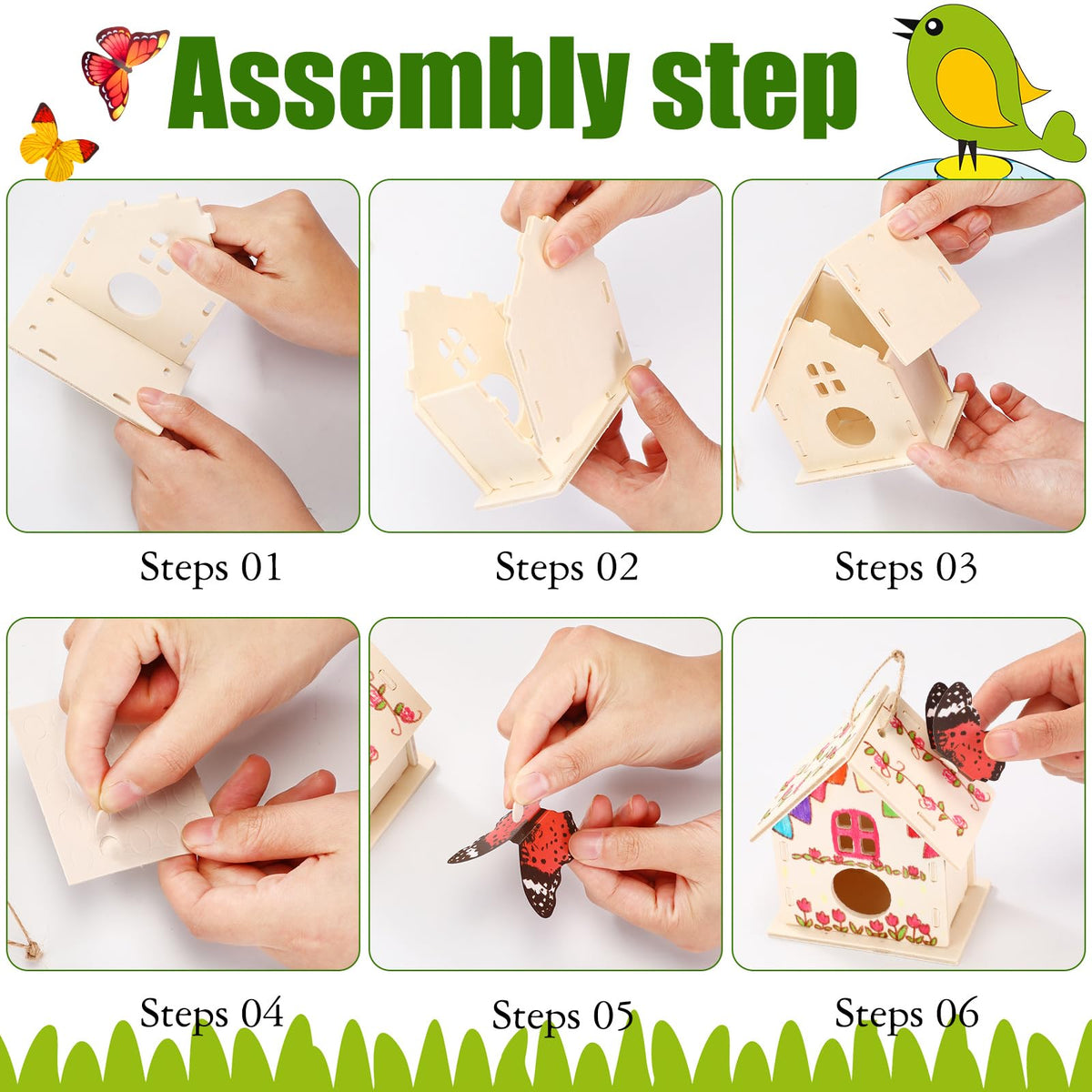 Sawysine butterfly stickers (57) to decorate and personalize each birdhouse.