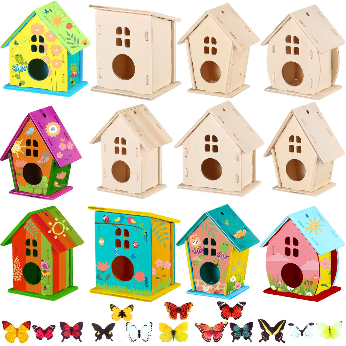 Sawysine DIY birdhouse kit in six shapes for colorful kids' crafts.