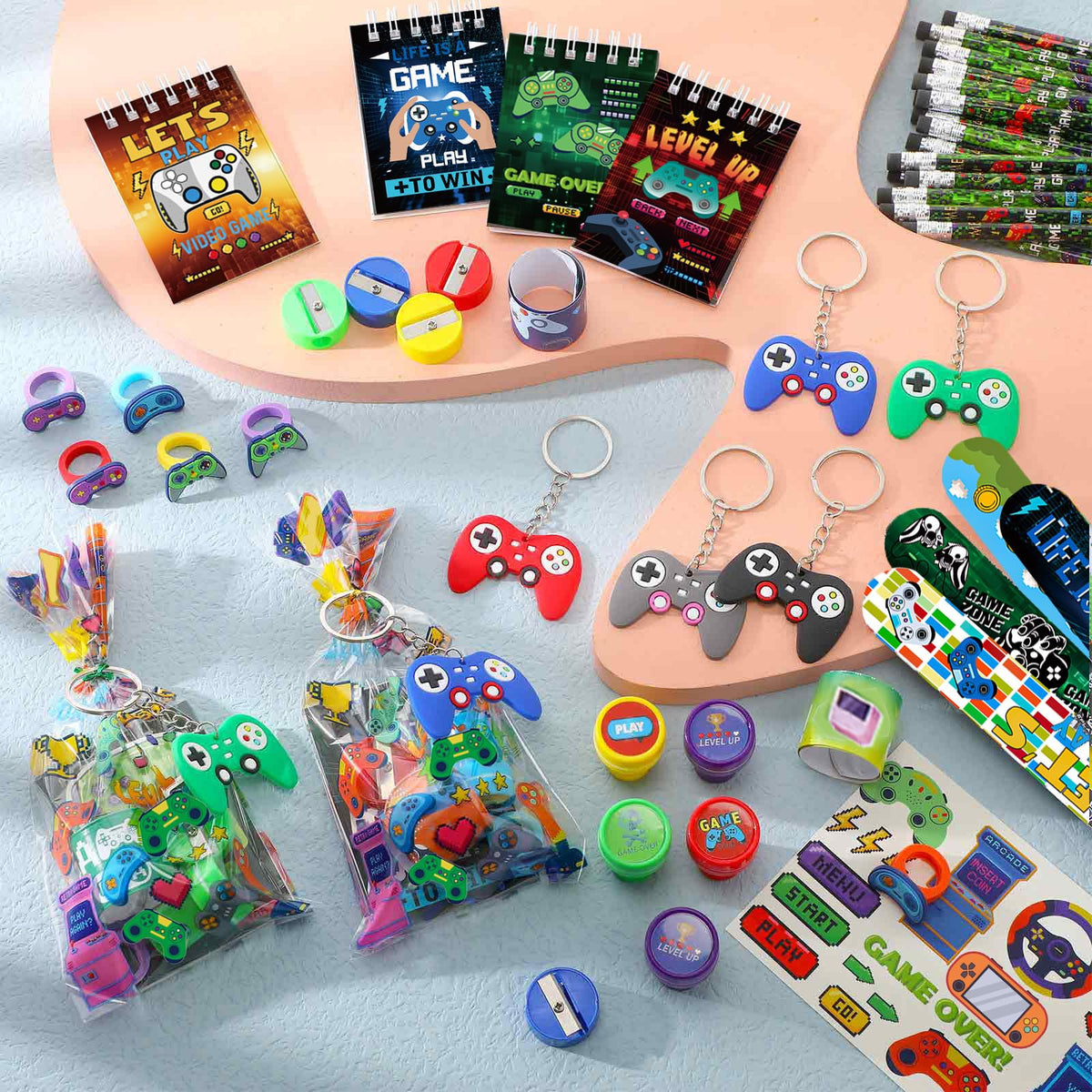 Sayglossy stickers featuring arcade icons for colorful favor bags and keepsakes
