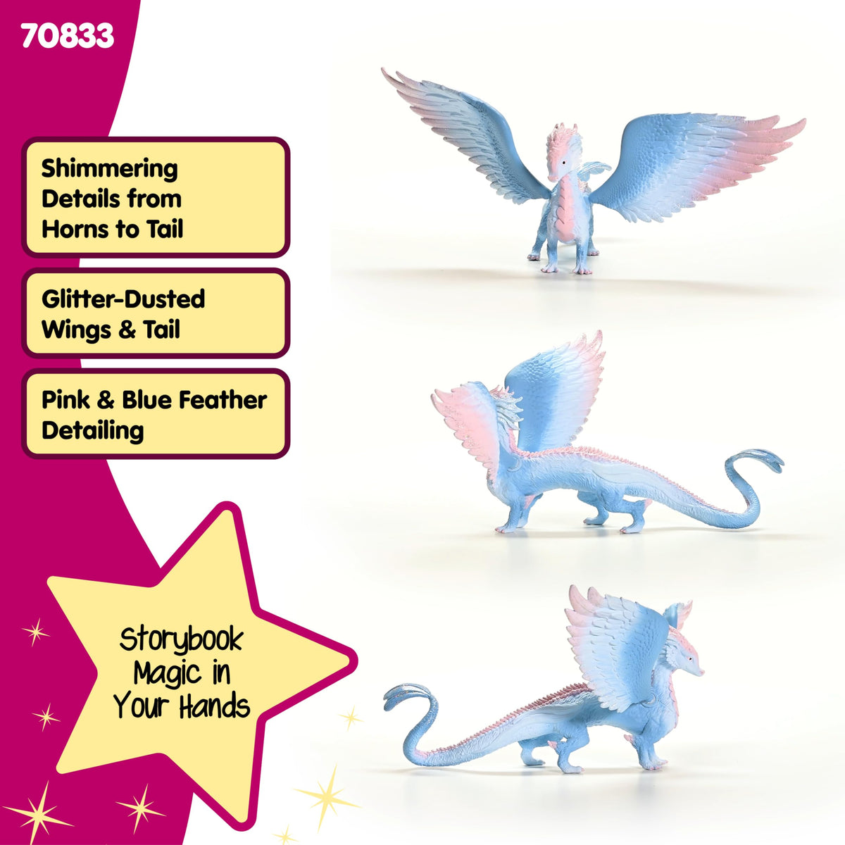 Schleich Bayala Crystal Dragon with rose quartz treasures inspires treasure-led play.