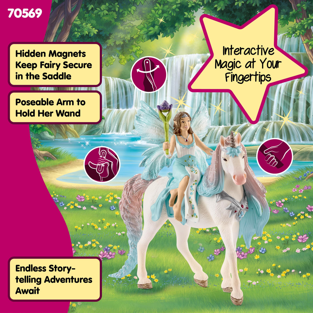 Hidden magnetic saddle keeps Eyela secure on the unicorn during pretend rides.