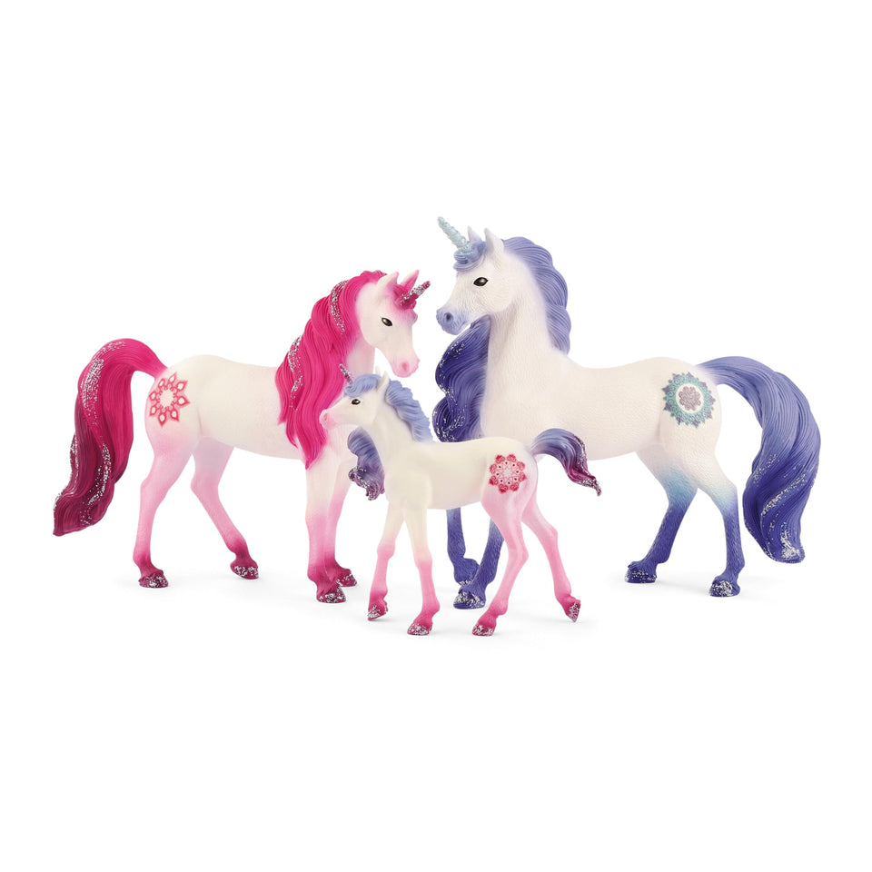 Schleich Bayala Mandala Unicorn Family set with mom, dad, and baby encourages imaginative storytelling.