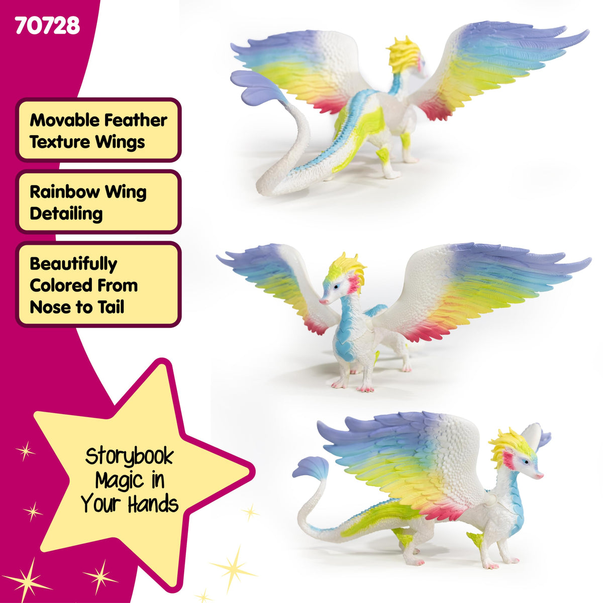 Schleich Bayala Rainbow Dragon glittering body sparkling during storytelling.
