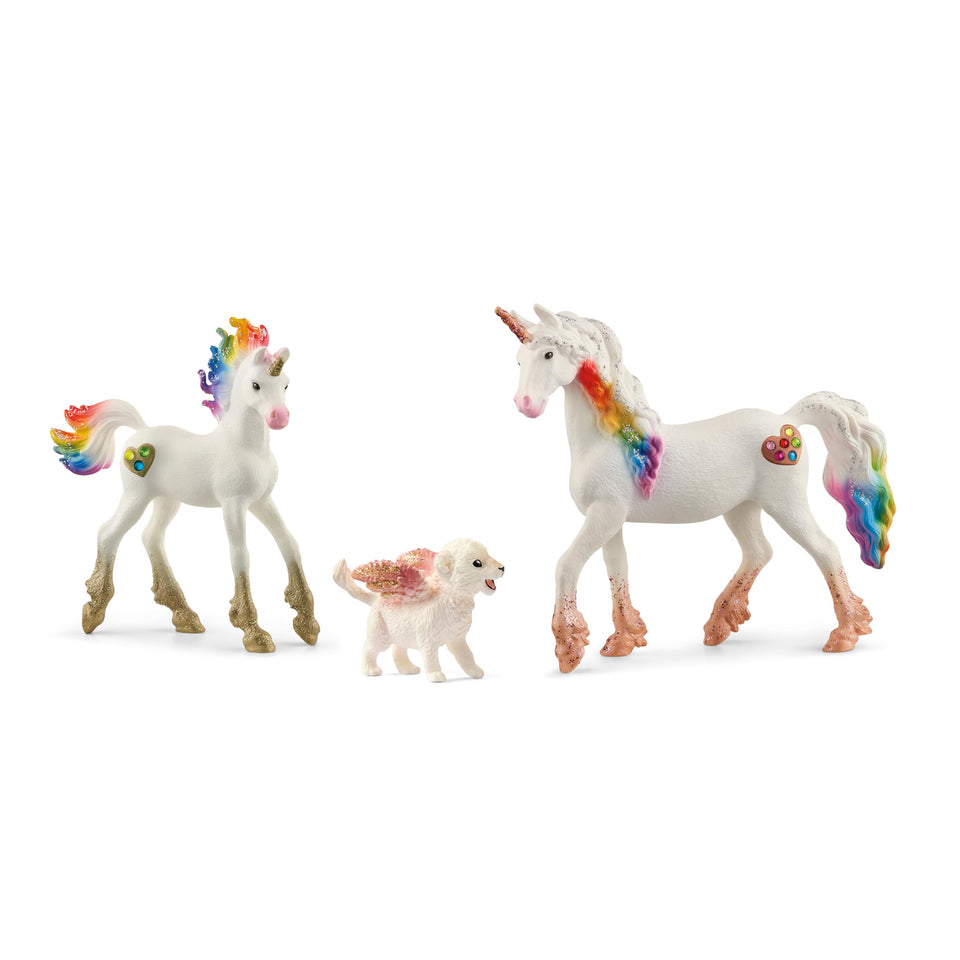 Schleich Bayala rainbow unicorn 3pc playset inspires imaginative storytelling and colorful pretend play.
