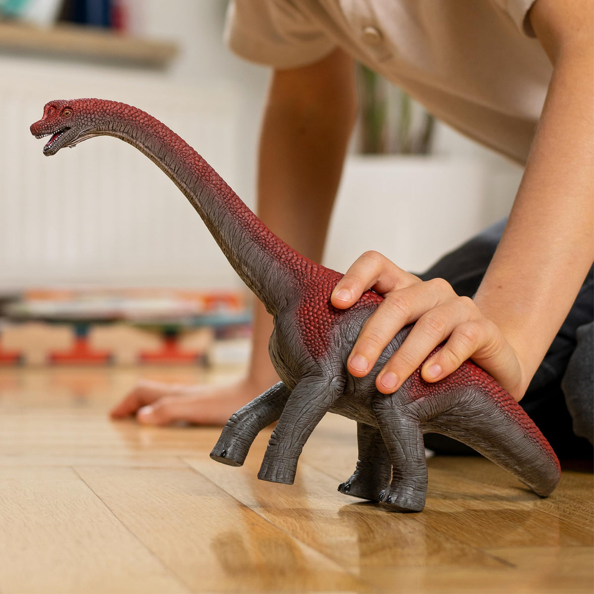 Close-up of Schleich Brachiosaurus highlighting realistic skin texture for educational fun