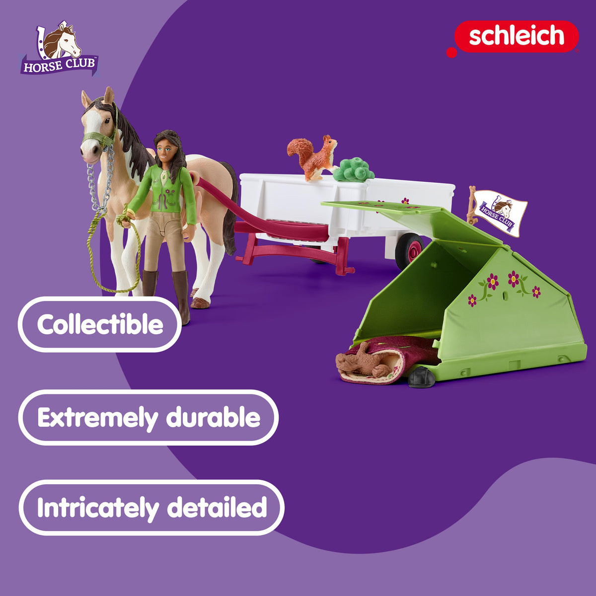 Schleich camping wagon trailer offers portable campsite for pretend journeys.