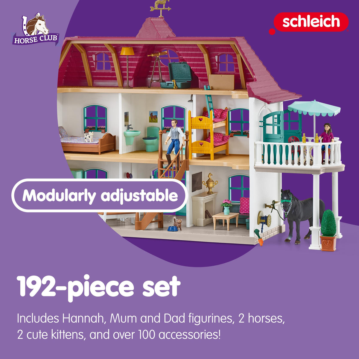 Schleich Cayenne and Jupiter figures in stable emphasize nurturing care and grooming routines.