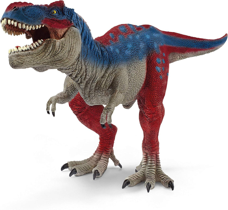 Schleich Dinosaurs red-blue T-Rex with movable jaw invites hands-on imaginative play.