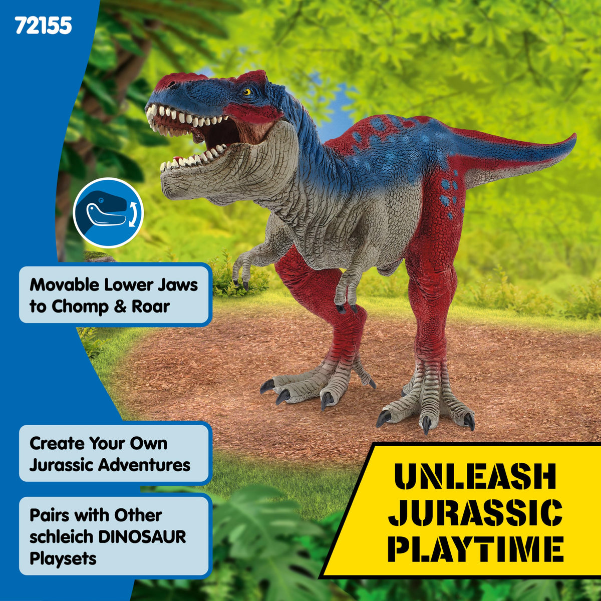 Schleich T-Rex razor teeth highlight realism for pretend hunts.