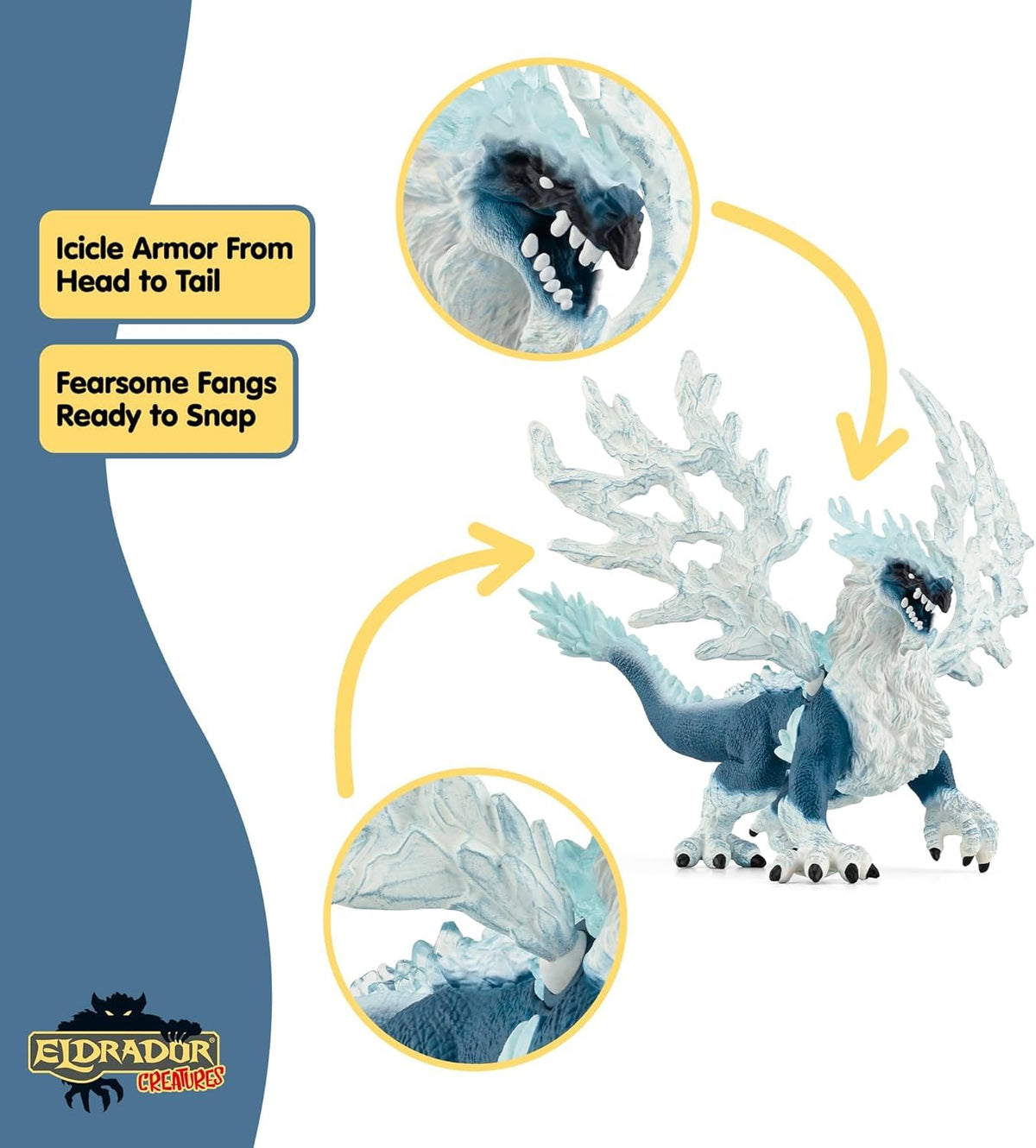 Schleich Eldrador Ice Dragon battle-cave scene supports dramatic clashes.