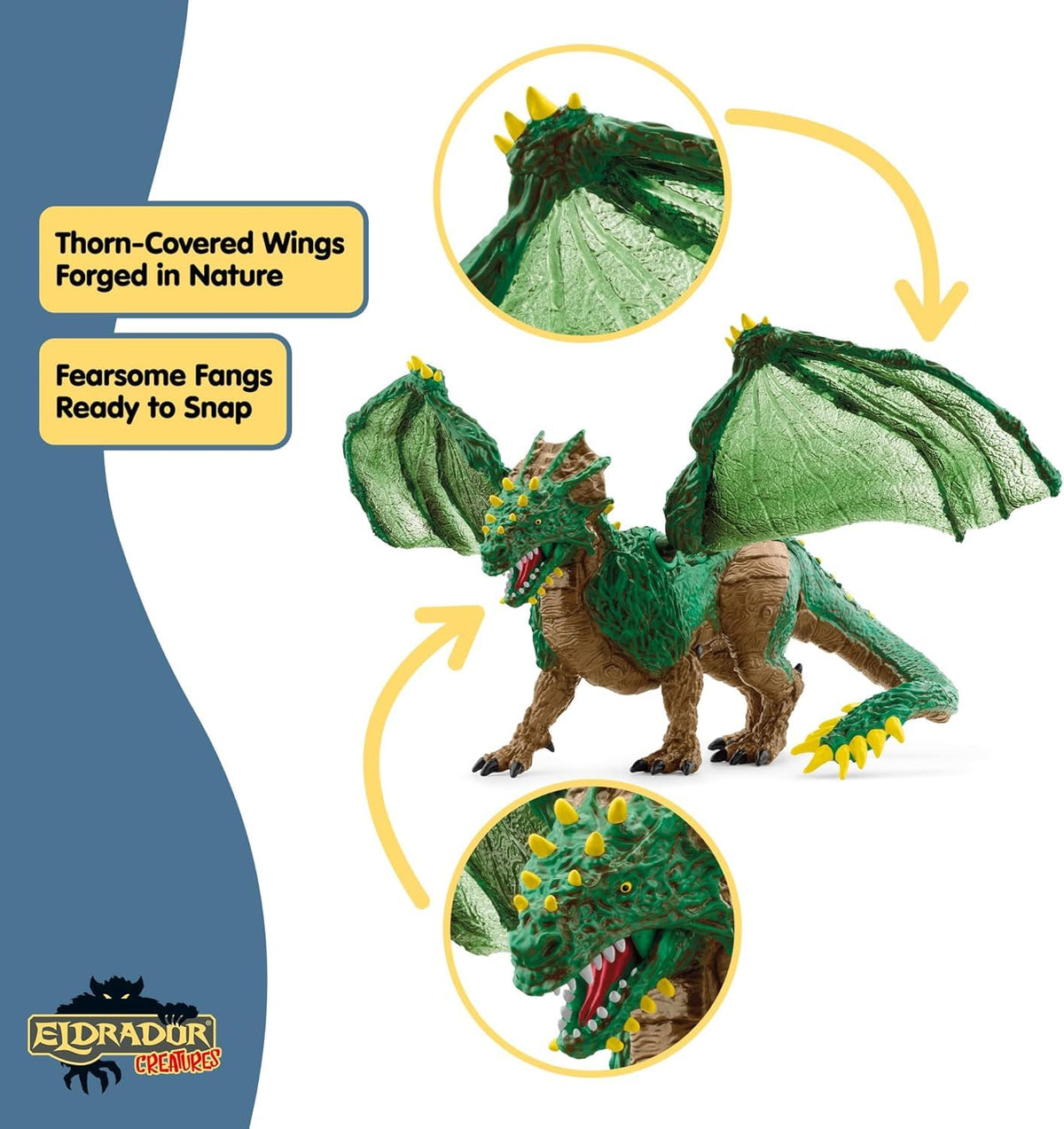 Schleich Eldrador Jungle Dragon plant-like vine wings evoke jungle visuals.
