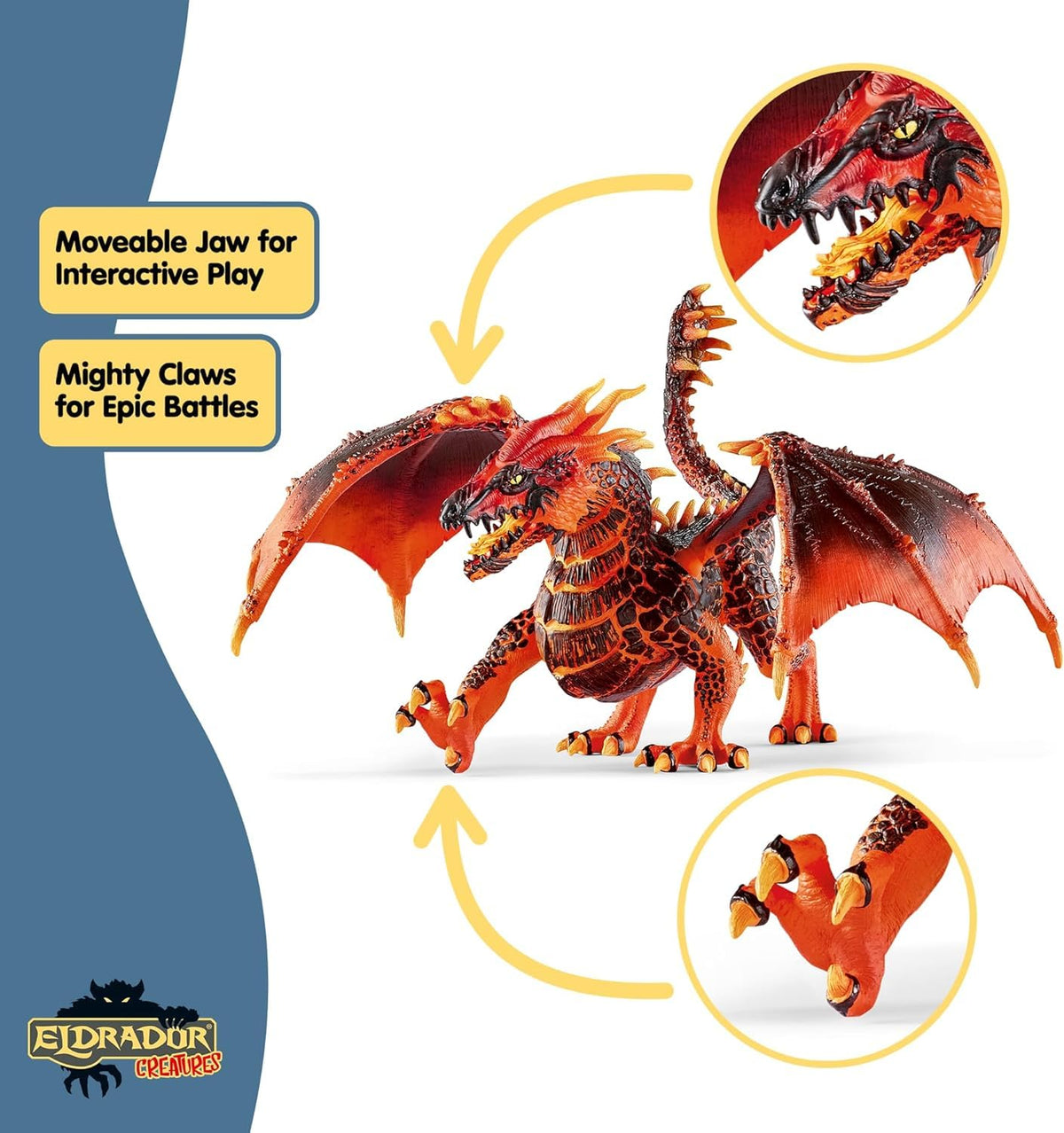 Schleich Eldrador Lava Dragon red and black colors enhance display.