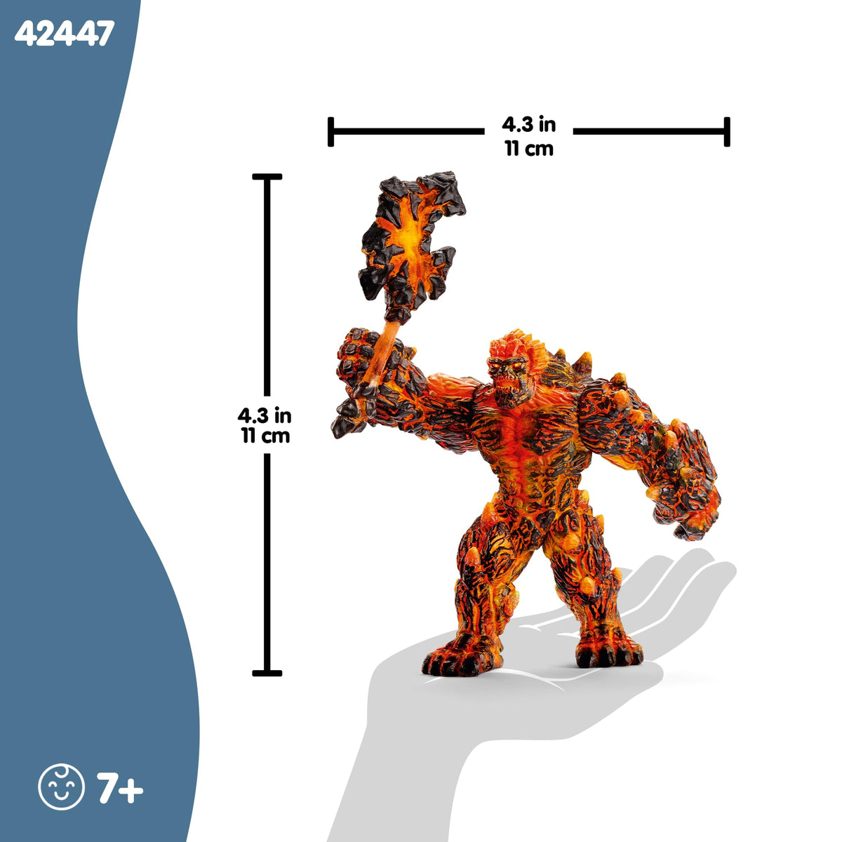 Schleich Eldrador Lava Monster scale with child's hand for size reference.