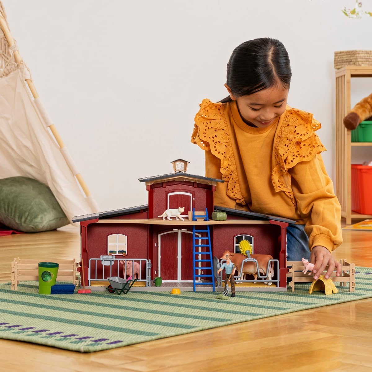 Schleich Farm World Red Barn Playset farmer figure guiding animals