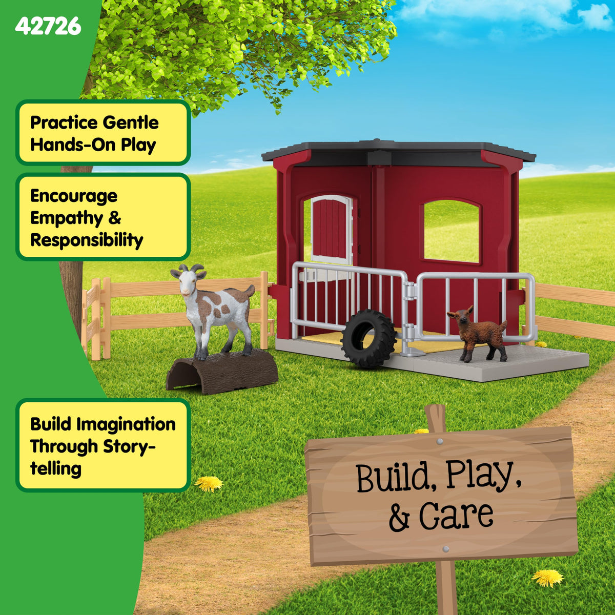 Schleich goat stable tire swing adds dynamic movement to pretend barn