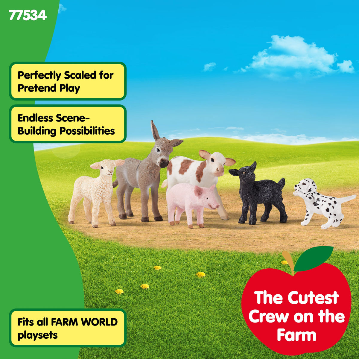 Schleich Farm World lamb figure in a sunny scene, encourages gentle care and pretend farming.