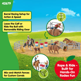Movable fence sections create customizable rodeo arenas for play.