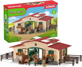 Schleich Farm World stable playset with 43 pieces showing the full barn and figures for engaging play