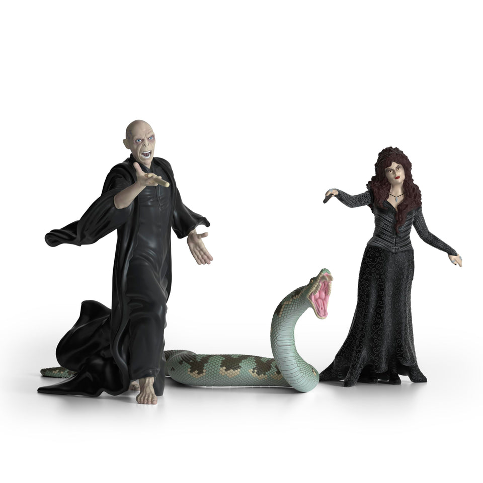 Schleich Voldemort, Bellatrix Lestrange, and Nagini 3pc group figures for collectors and display.