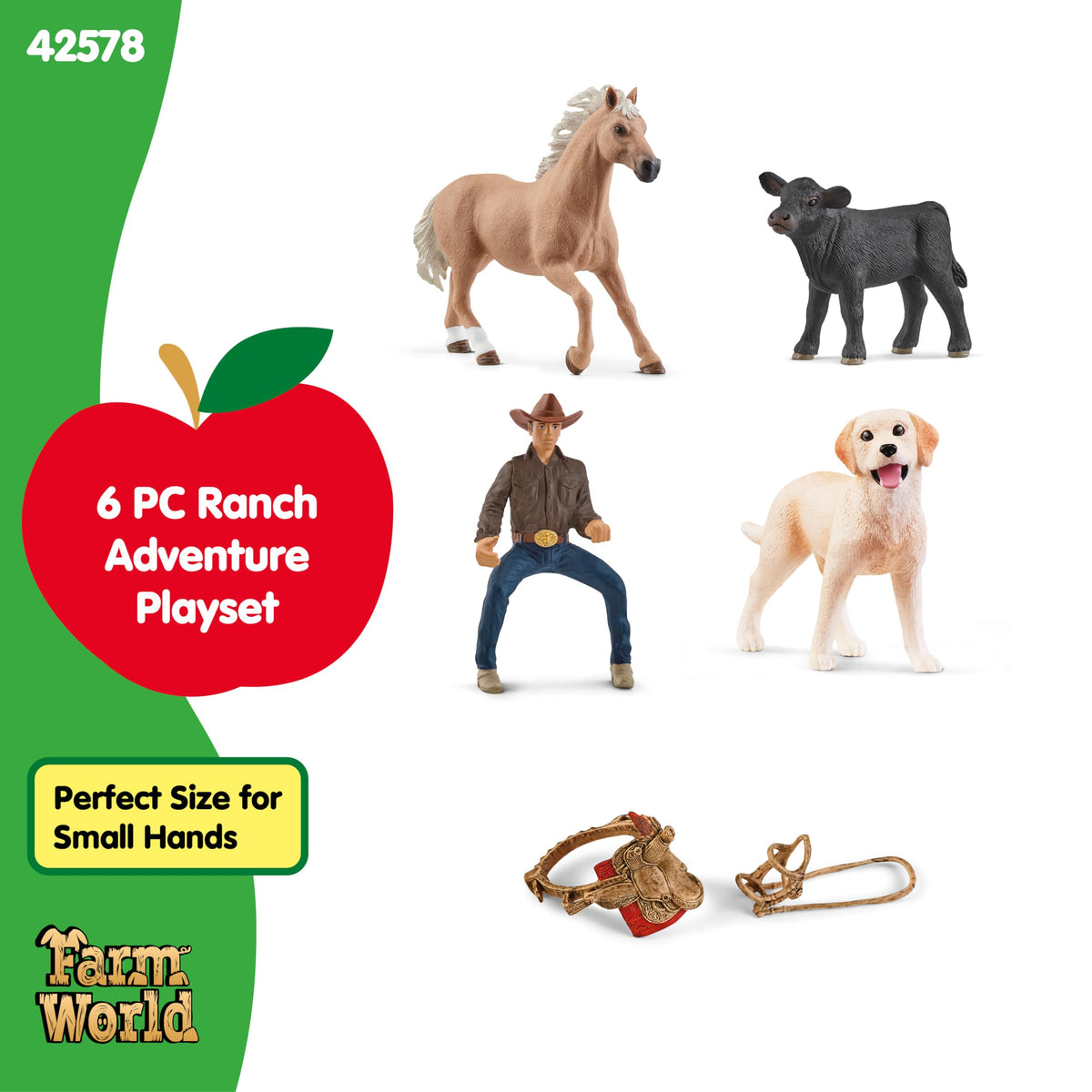 Schleich Labrador dog figure joins children in friendly farm companionship.