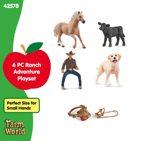 Schleich Labrador dog figure joins children in friendly farm companionship.