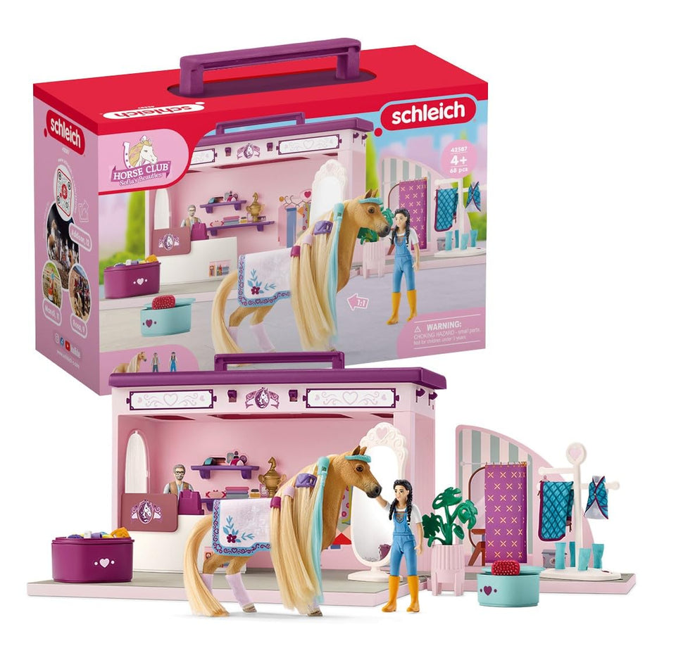 Schleich Sofia's Beauties pop-up boutique front view showcasing imaginative grooming setup.