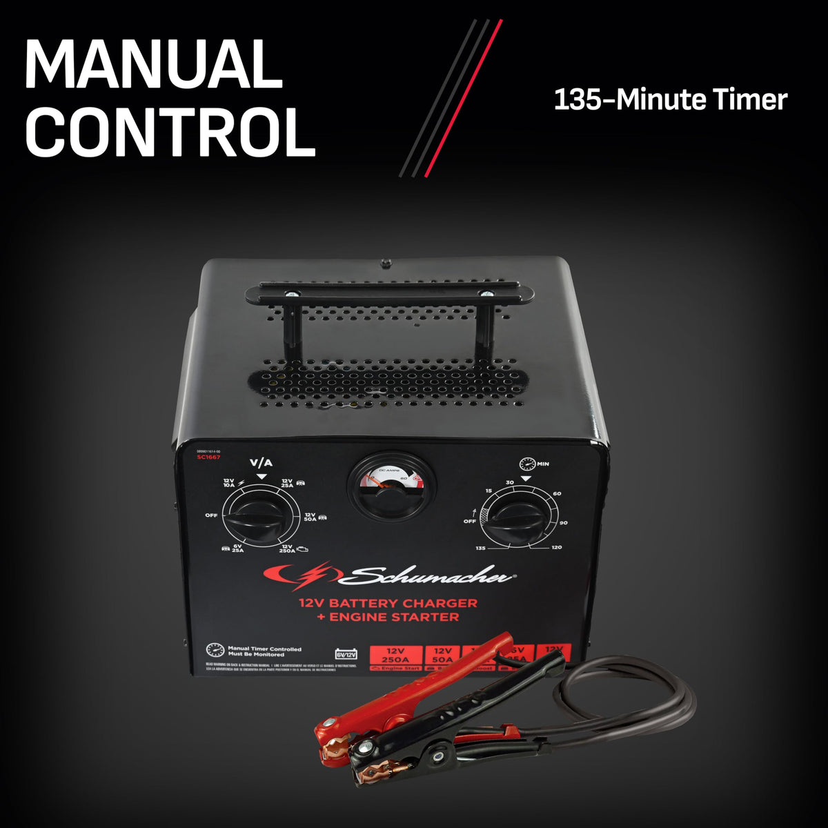 Schumacher SC1667 timer view with 135 minute control for monitored charging