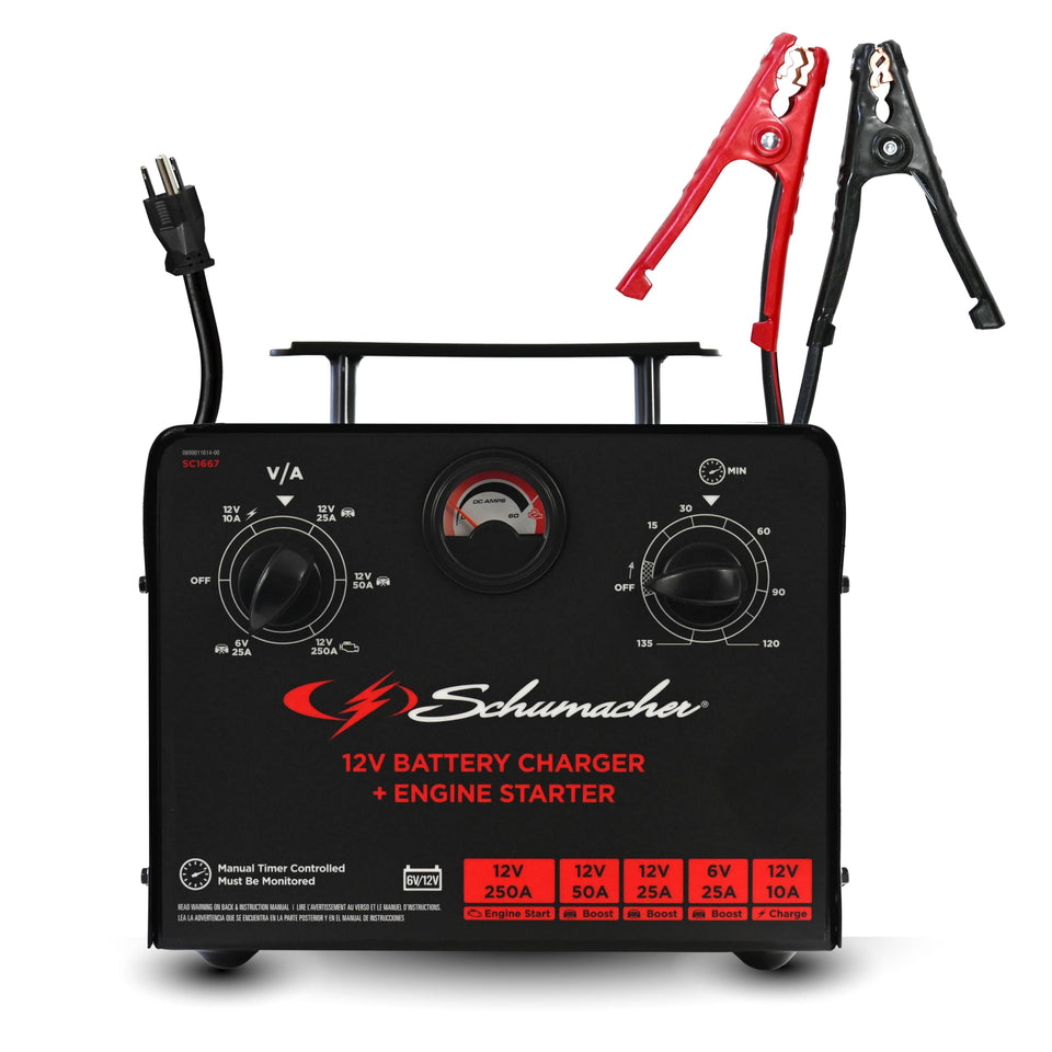 Schumacher SC1667 demonstrating 50A 12V boost mode for rapid recovery
