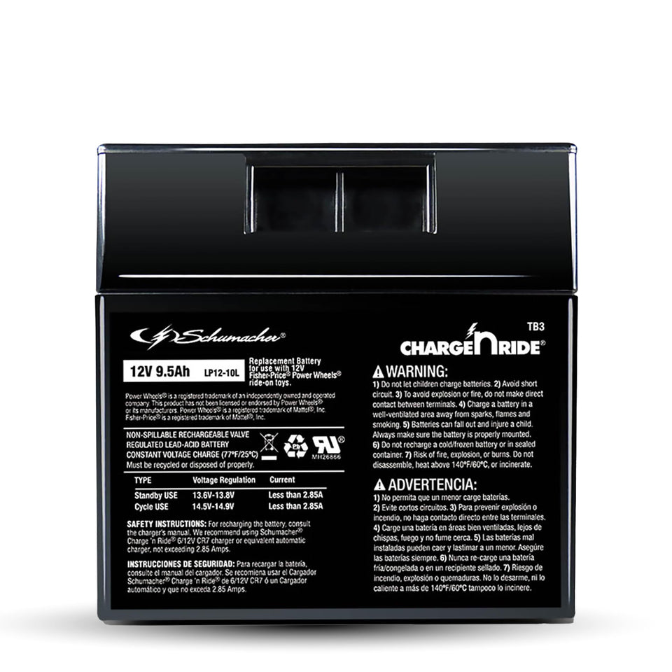 Schumacher TB3 12V battery replacement for ride-on toys.