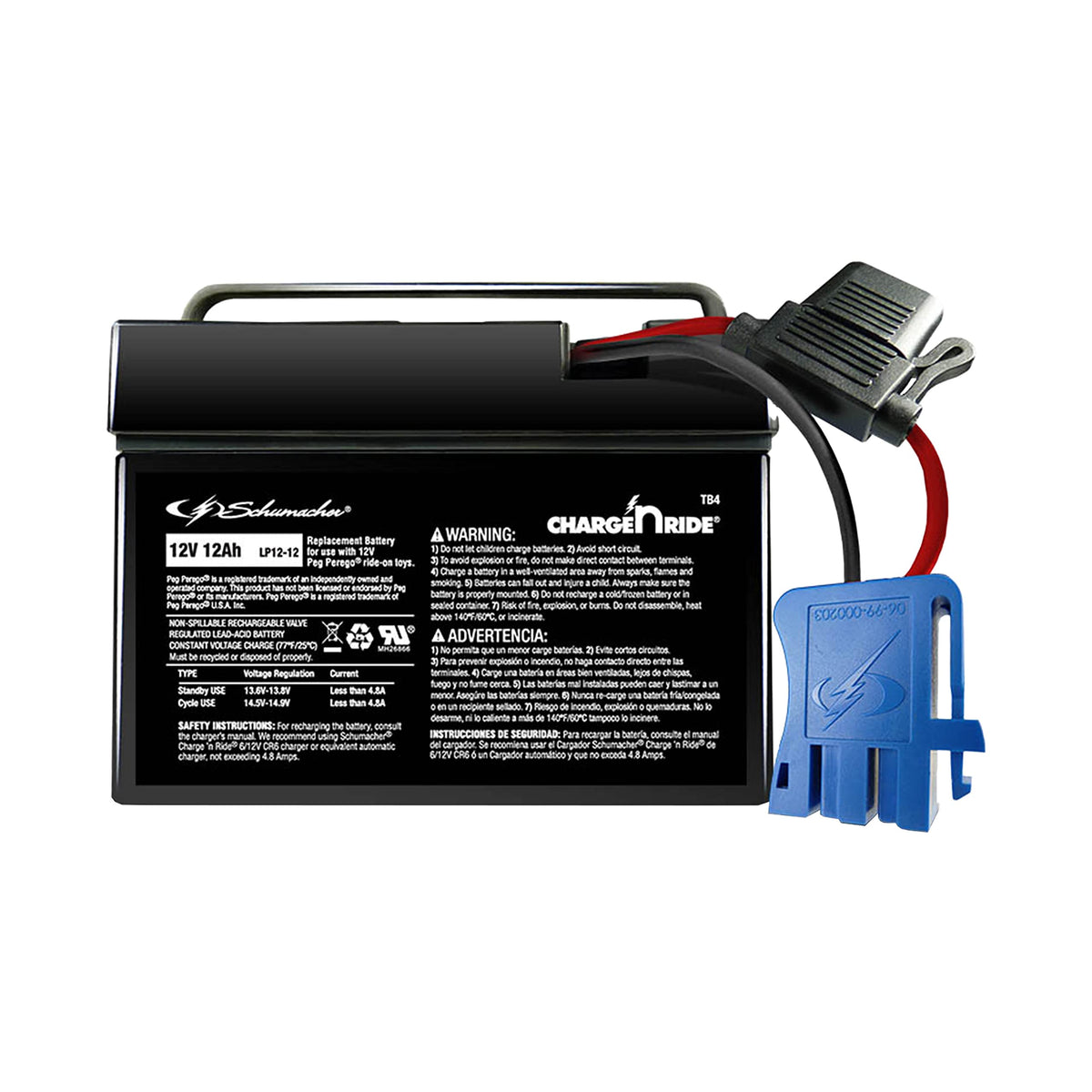Schumacher TB4 12V battery powers Peg Perego ride-on toys for longer play sessions.