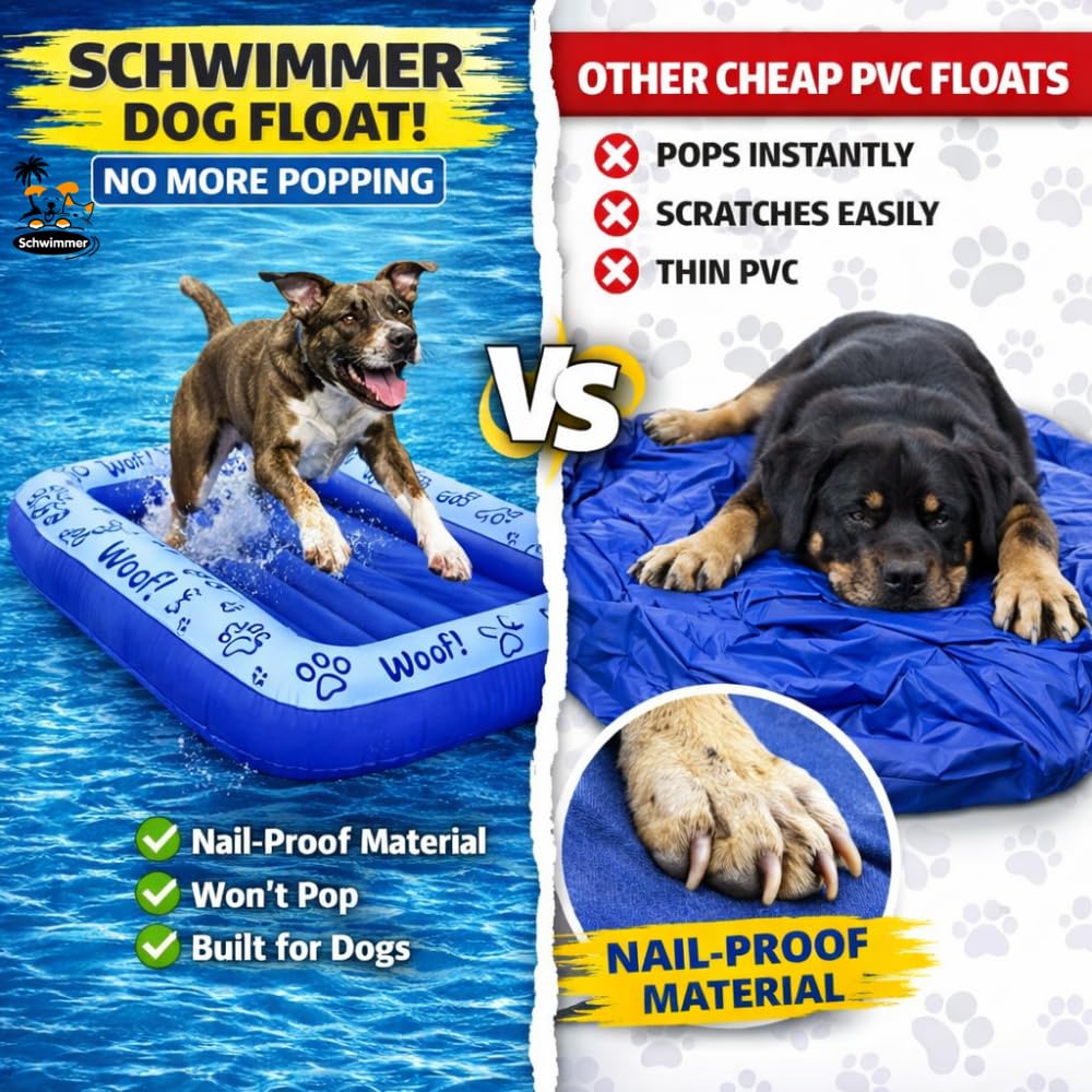 Schwimmer dog pool float blue angled shot shows durable, puncture-resistant fabric