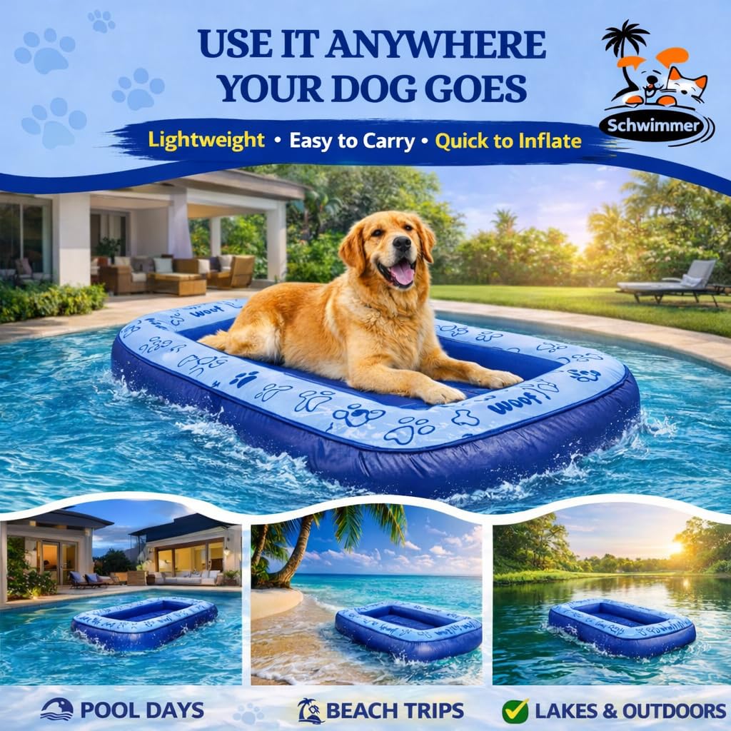 Schwimmer dog pool float blue in pool demonstrates family-friendly fun