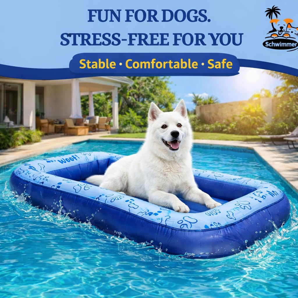 Schwimmer large dog pool float blue being deflated for compact storage