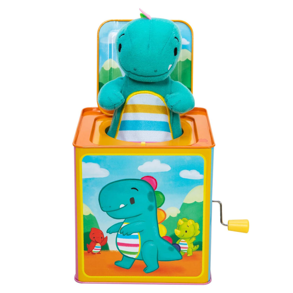 Schylling Baby Dino Jack in the Box handle spin highlights classic toy charm and interactive play.