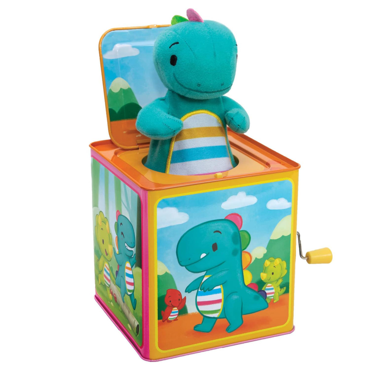 Schylling Baby Dino Jack in the Box pop-out T-Rex provides a joyful reveal for toddlers.