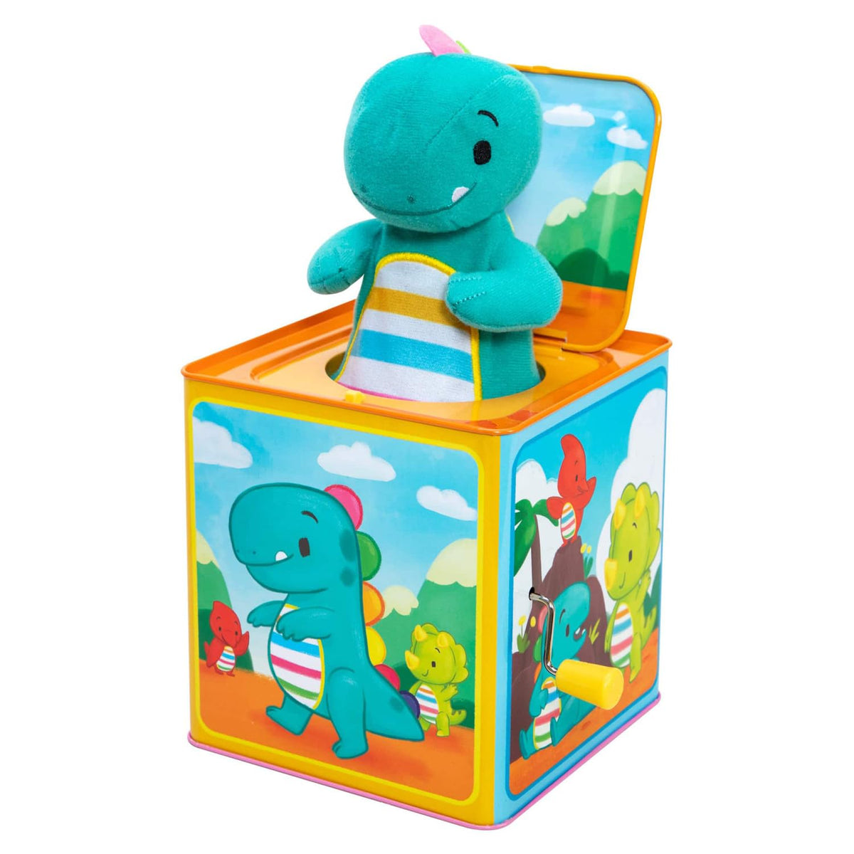 Schylling Baby Dino Jack in the Box prehistoric graphics enrich imaginative pretend play.