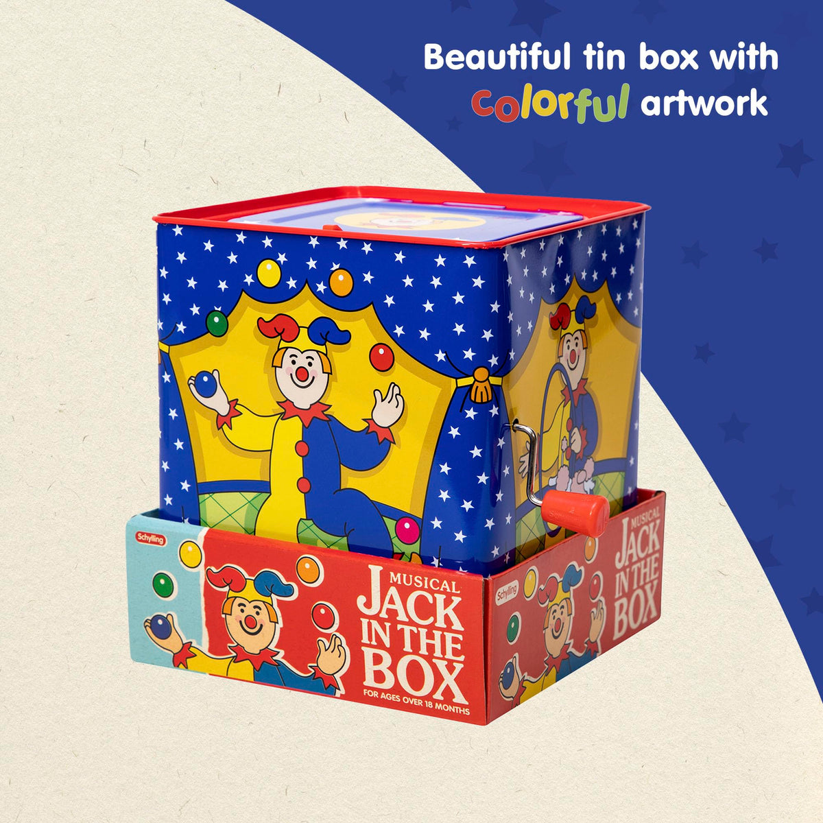 Schylling Jester Jack in the Box colorful circus graphics engage children during imaginative play.