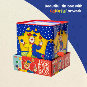 Schylling Jester Jack in the Box colorful circus graphics engage children during imaginative play.