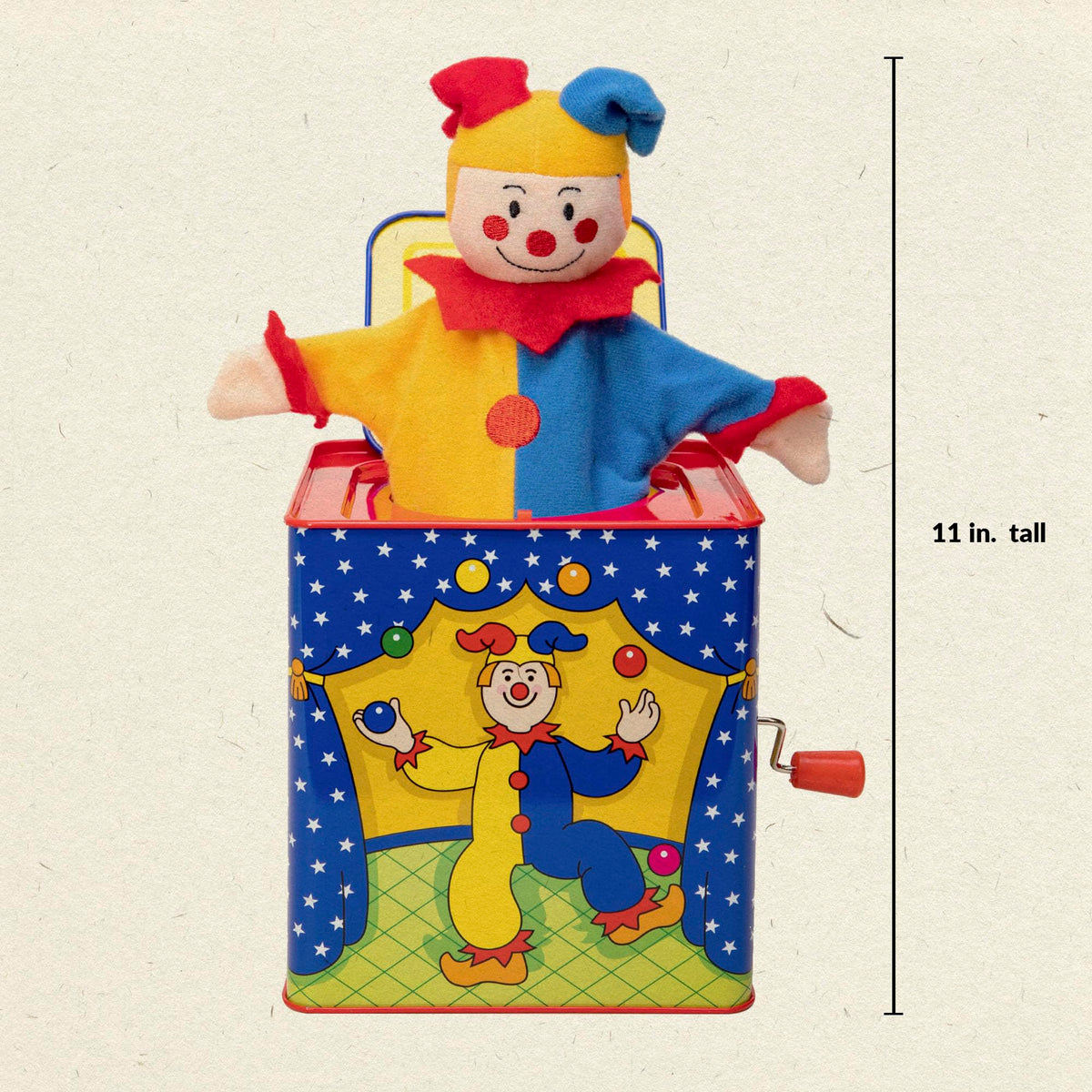 Schylling Jester Jack in the Box turn handle triggers cheerful music and surprise.