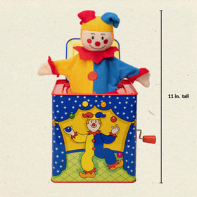 Schylling Jester Jack in the Box turn handle triggers cheerful music and surprise.