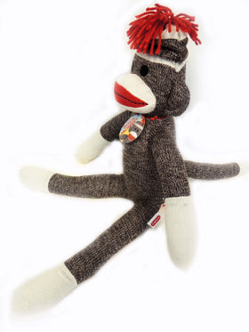 schylling sock monkey full-body view, knitted texture ideal for gentle hugs.