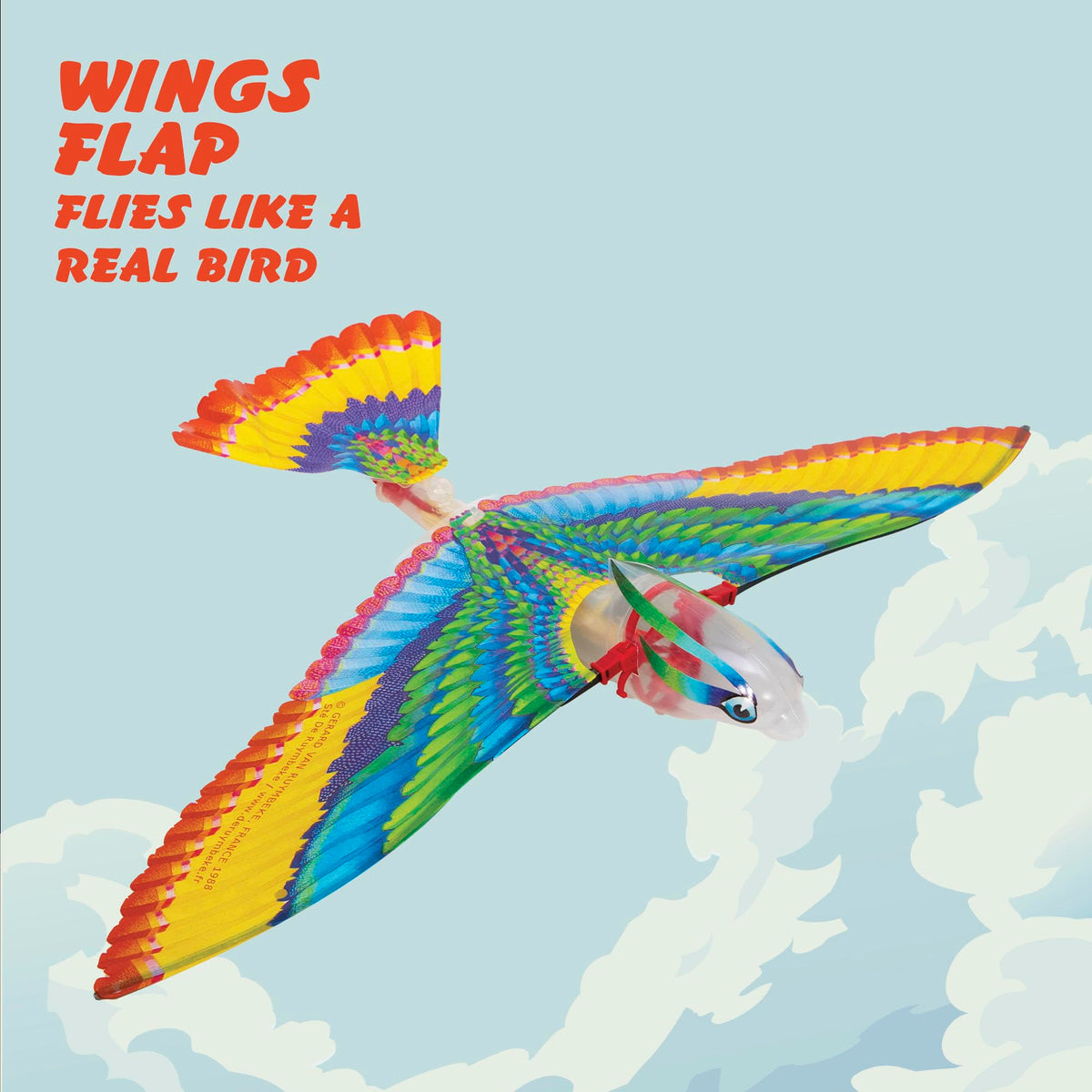 Schylling Tim Bird in flight shows its long wingspan for open-air flights.