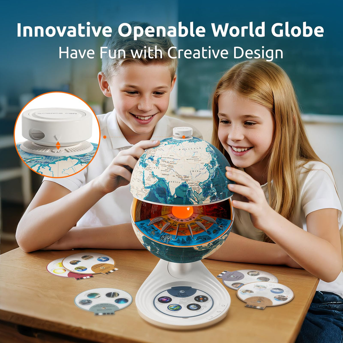 Science Can Openable Globe for Kids in knowledge mode presenting geography facts to curious minds