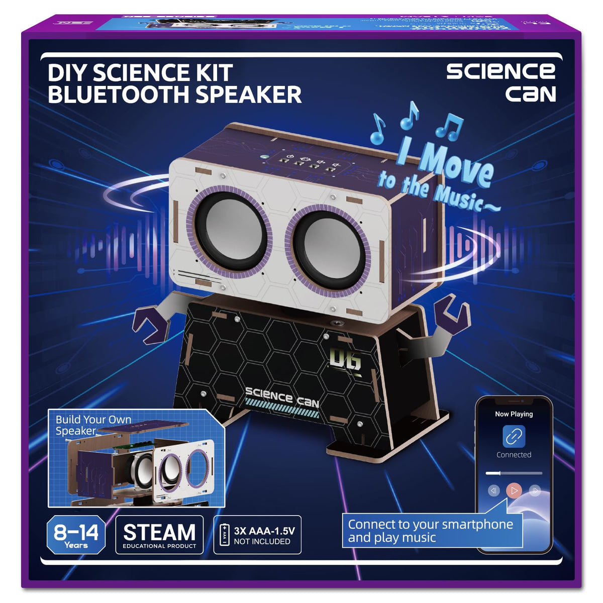 Science Can robot speaker assembly with laser-cut wooden puzzles for hands-on STEM