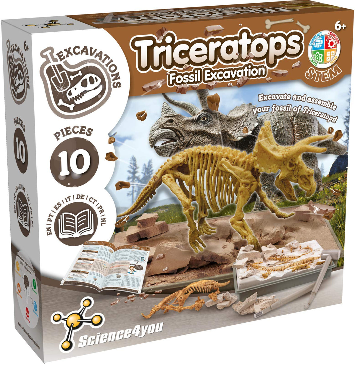 Science4you Triceratops fossil dig block—hands-on archaeology learning for curious kids.