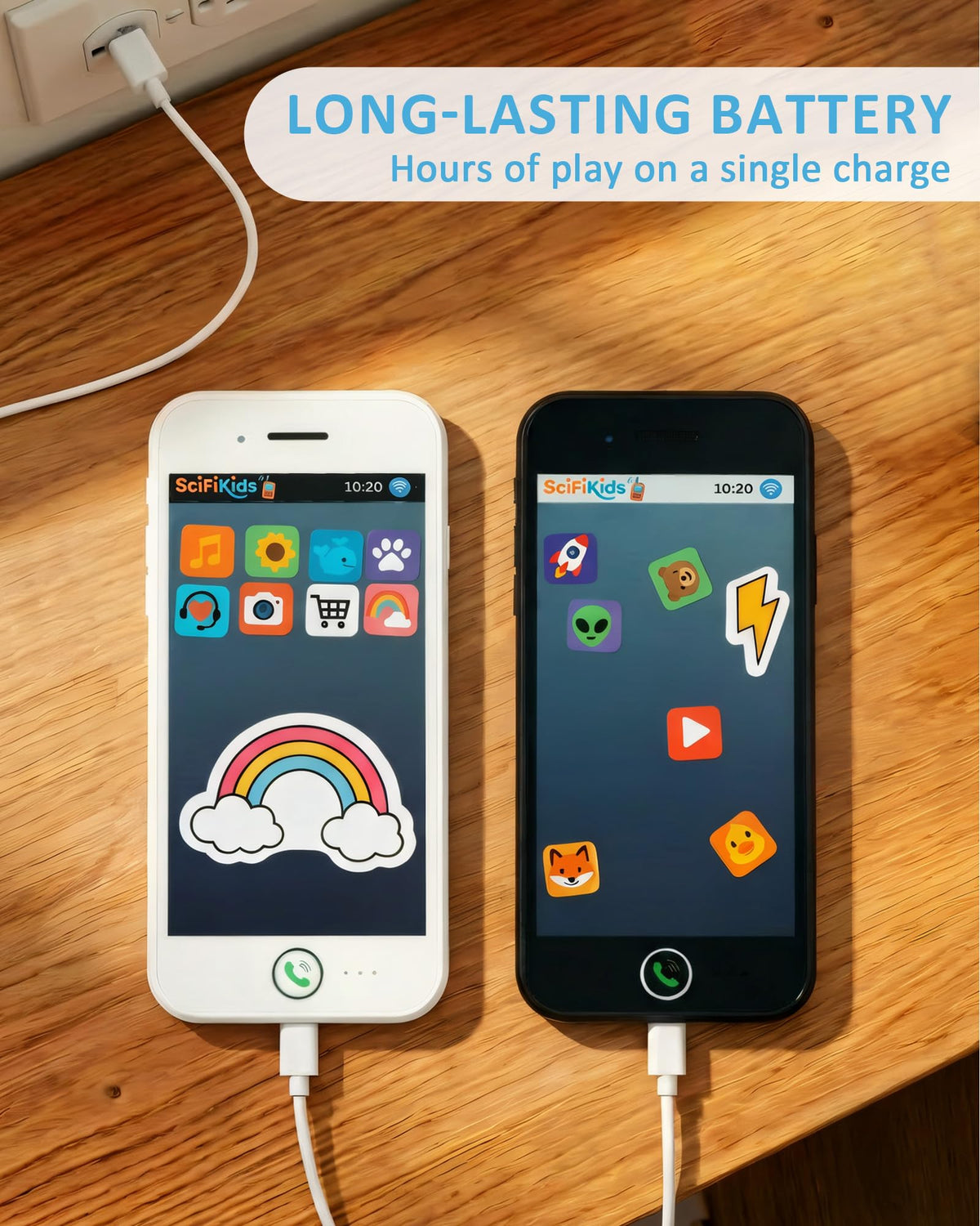 SciFiKids toy phone charging with USB-C cable.